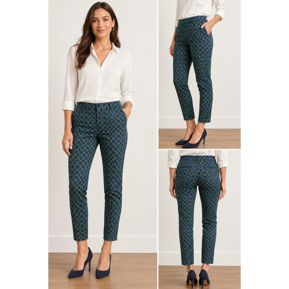 Banana Republic Sloan Fit Pants Navy Blue Green Geometric Print Trousers Size 4
